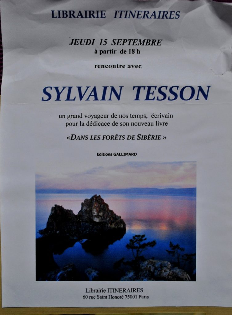 Affiche pour la soirée de Tesson à la librairie "Itinéraires"